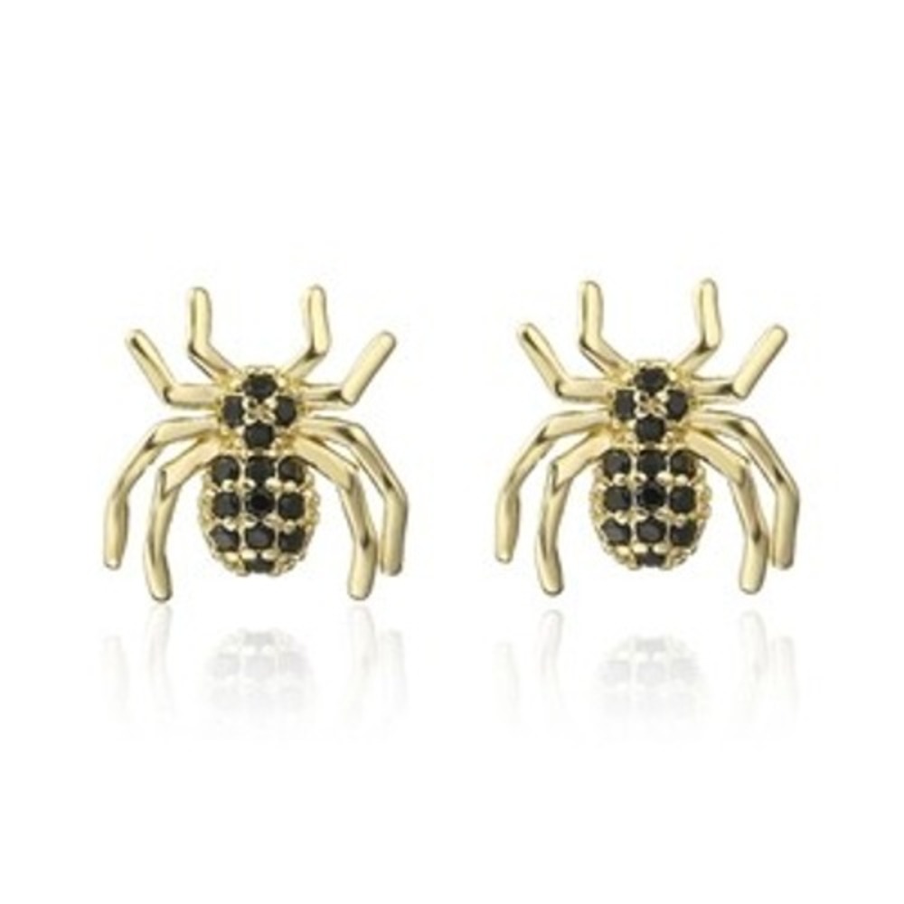 Gold Black Spider Stud Earrings Pave Crystal Arachnid Gothic Halloween Jewelry